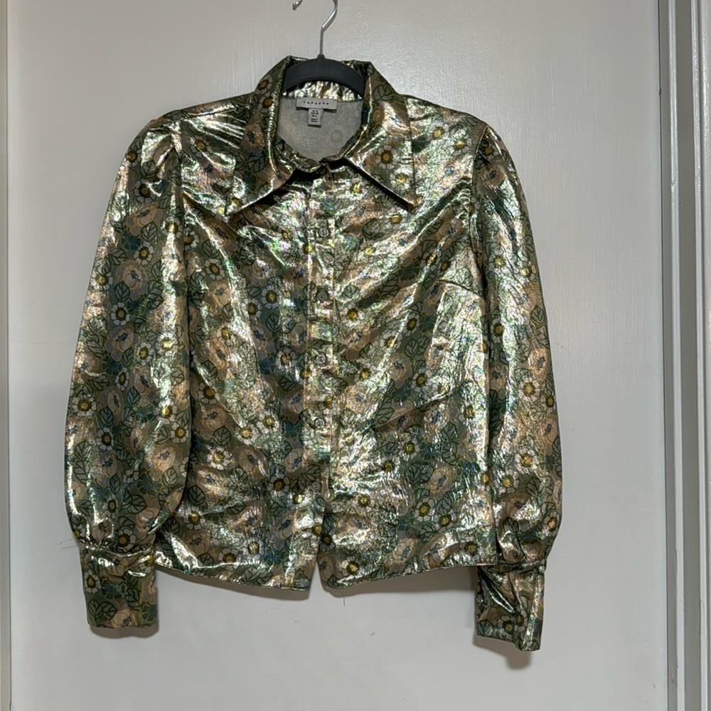 NEW Topshop Metallic Floral Print 70's Collar Shirt in Mint Size 4